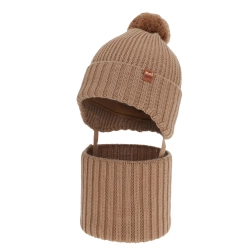 Czapka i komin dla chłopca zimowy komplet, camel, wiązany, 100% wełniany merino Kuvo-1 Czapka i komin dla chłopca zimowy komplet, camel, wiązany, 100% wełniany merino Kuvo-1